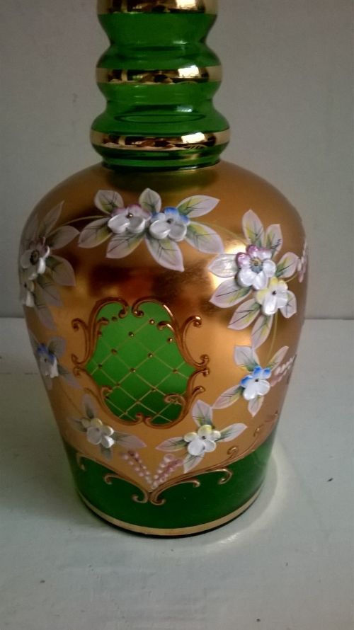 Beautiful Bohemian glass decanter with high stopper