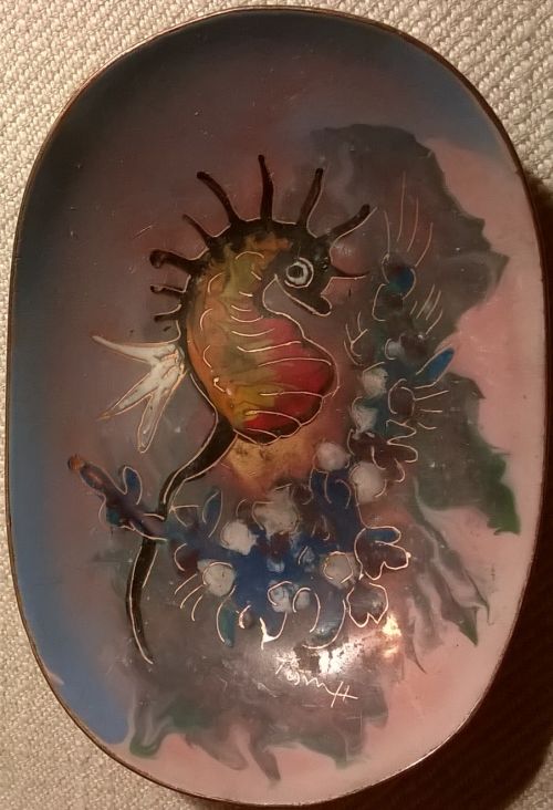 Vintage Holland enamel on copper seahorse dish