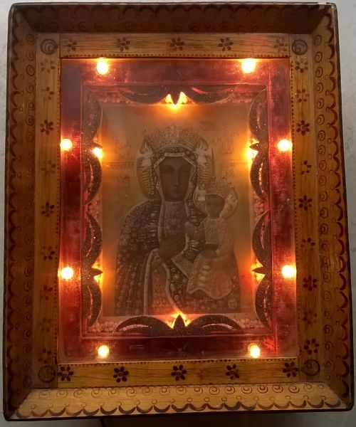 Backlit vintage Our Lady of Czestochowa image