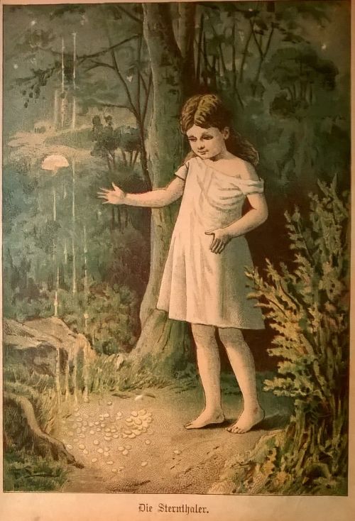 The Star-Money (Sterntaler) fable antique lithograph