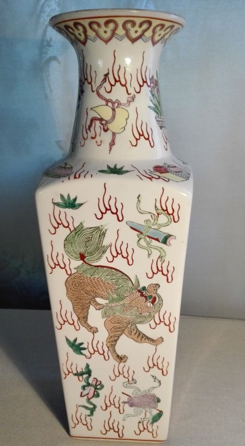 Antique chinese square vase foo dogs and eight immortals emblems